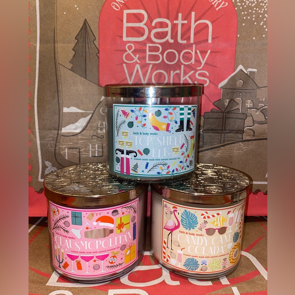 Bath And Body Works CLAUSMOPOLITAN, TOP SHELF ELF, CANDY CANE COLA Candles x3